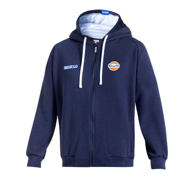 Front of navy Sparco Gulf Hooded Full Zip jacket featuring Gulf and Sparco branding with contrast hood lining and full zipper.